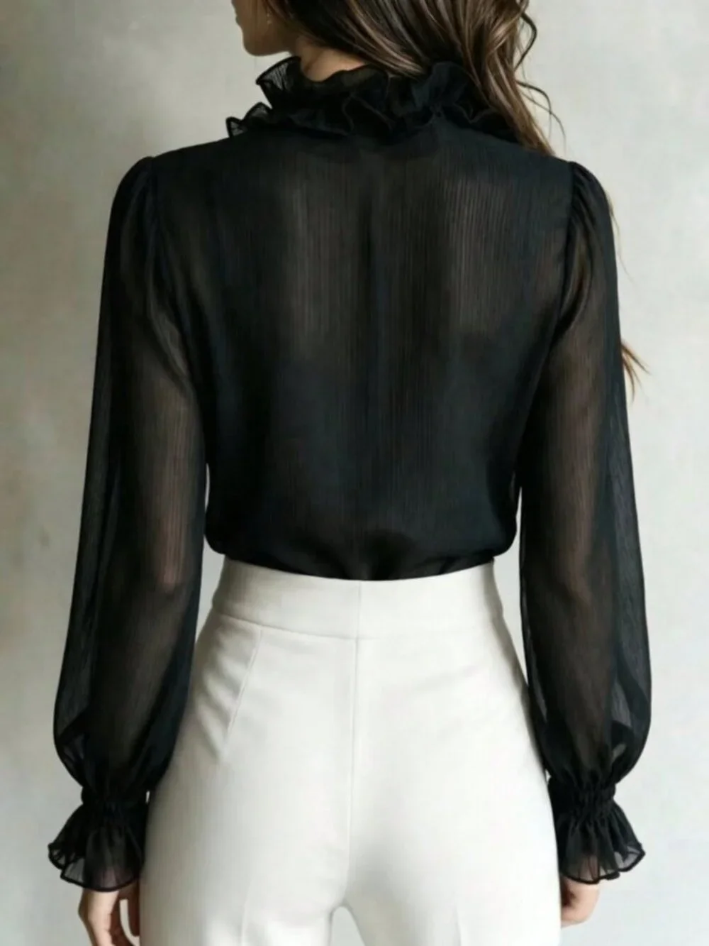 Black Elegant Women's Loose Plain Ruffle V-Neck Tie-Front Draped Blouse